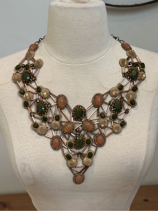 Deepa Gurnani Jewelry - DEEPA GURNANI gold and green Crystal and beaded statement bib necklace $550